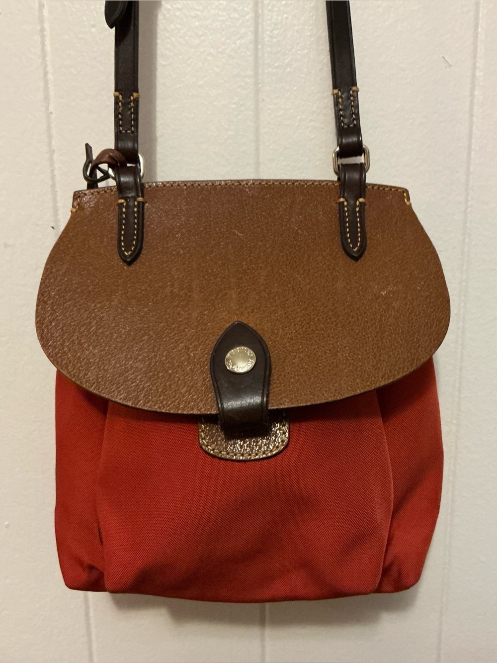 Dooney & Bourke Vintage Red Nylon Brown Leather Flap Saddle Crossbody Bag Purse